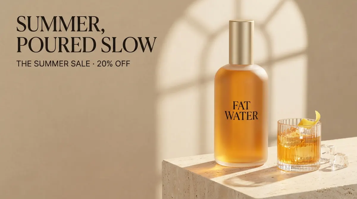 Fat Water summer sale hero with the bottle and a glass on a sand wall