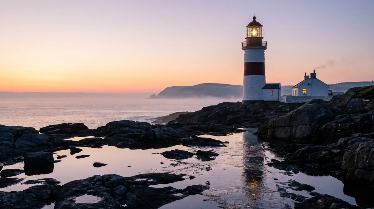 Lighthouse on a rocky shore at dawn