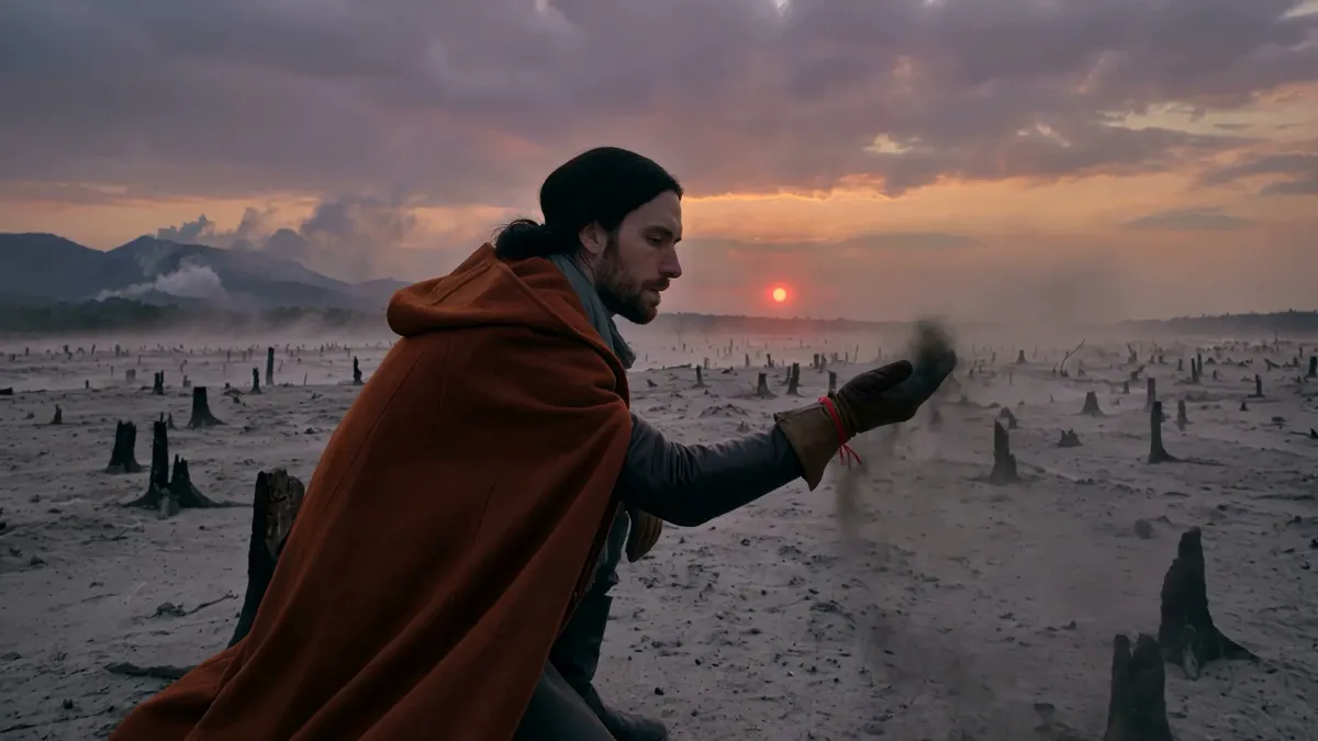 Kael in a rust-red cloak crouching in an ash field at dusk