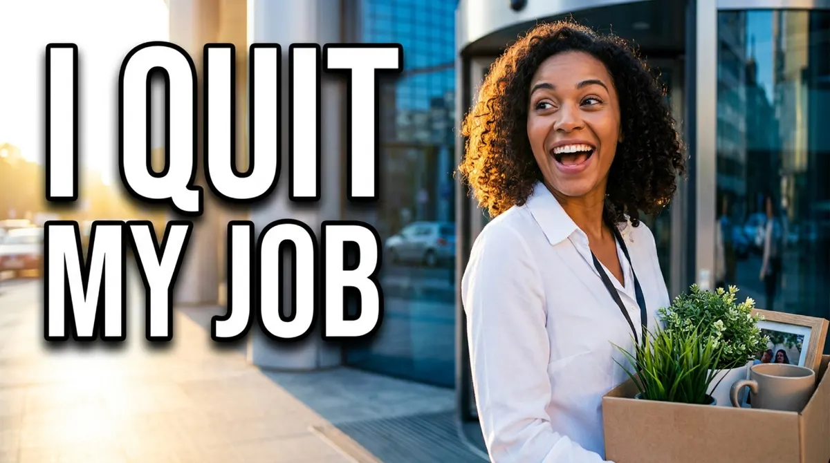 YouTube thumbnail reading I quit my job beside a smiling woman