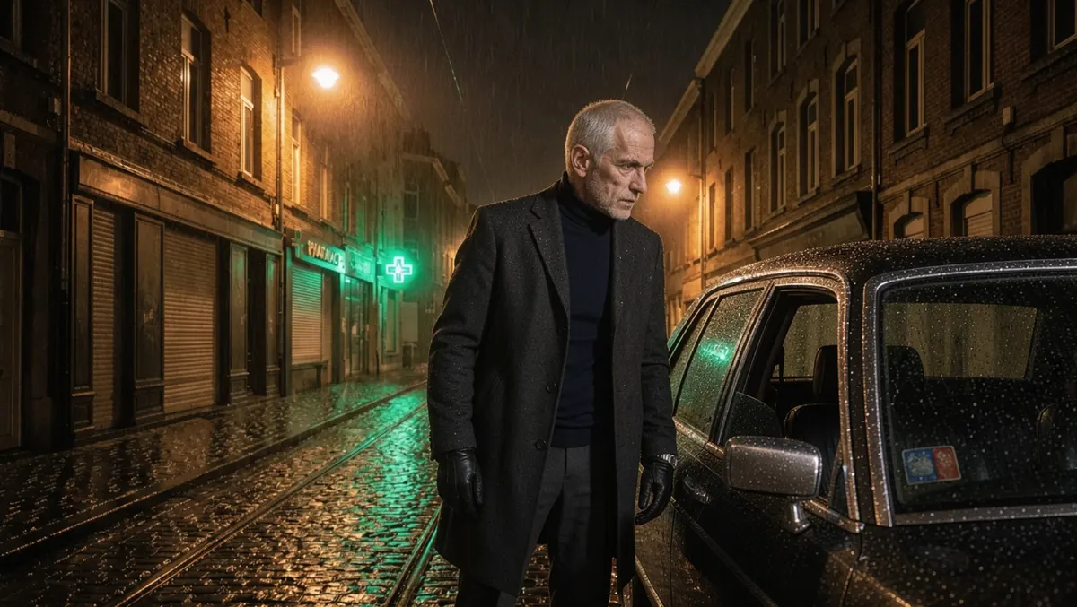 Beat still of an old man in a dark coat beside a car on a wet night street