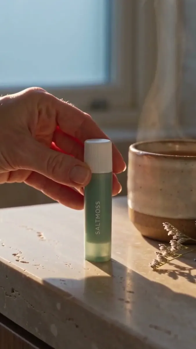 Hand placing a SALTMOSS lip balm on a stone sill in morning light