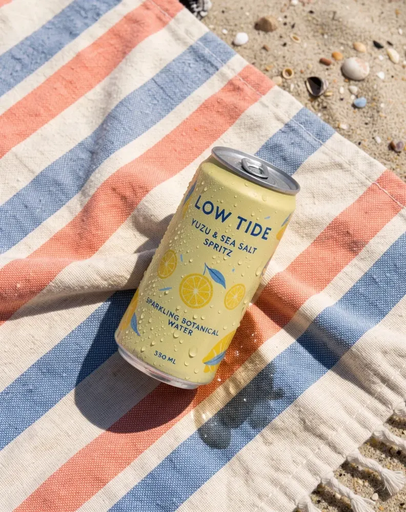 Low Tide can on a striped towel with a clean label